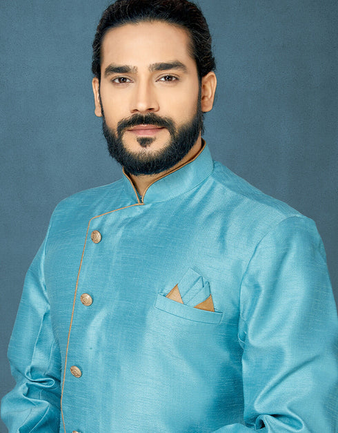 Sky Blue Kurta Dhupion Art Silk Dhoti Closure View