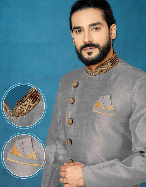 Gray Kurta Dhupion Art Silk Dhoti Closure View