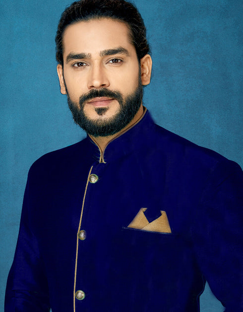 Navy Blue Kurta Dhupion Art Silk Dhoti Closure View