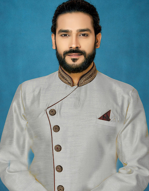 Gray Kurta Dhupion Art Silk Dhoti Closure View