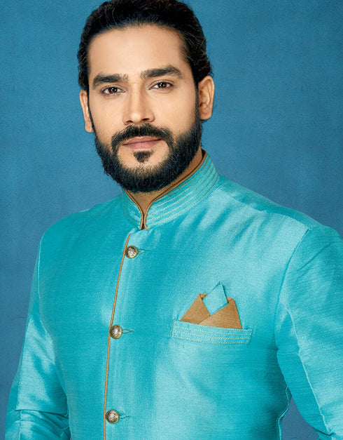 Sky Blue Kurta Dhupion Art Silk Dhoti Closure View