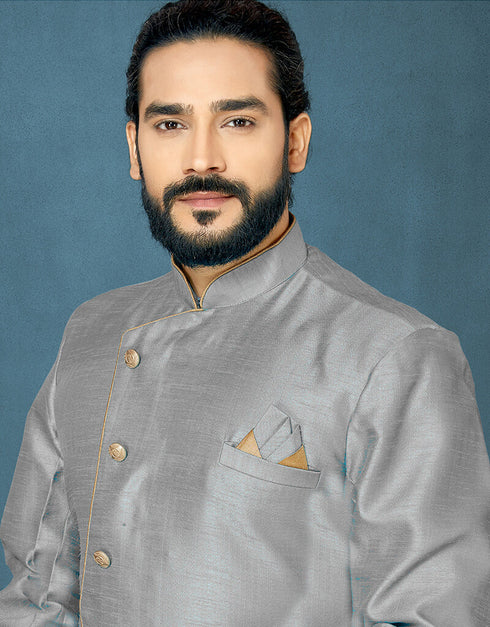 Gray Kurta Dhupion Art Silk Dhoti Closure View