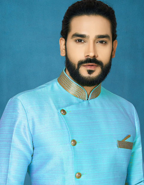 Sky Blue Kurta Dhupion Art Silk Dhoti Closure View