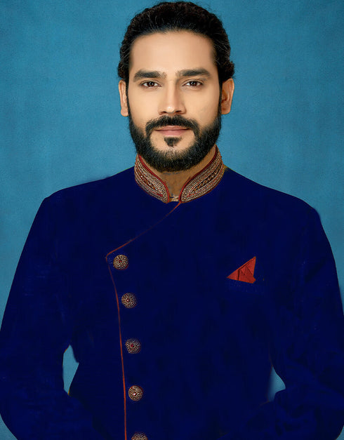 Navy Blue Kurta Dhupion Art Silk Dhoti Closure View