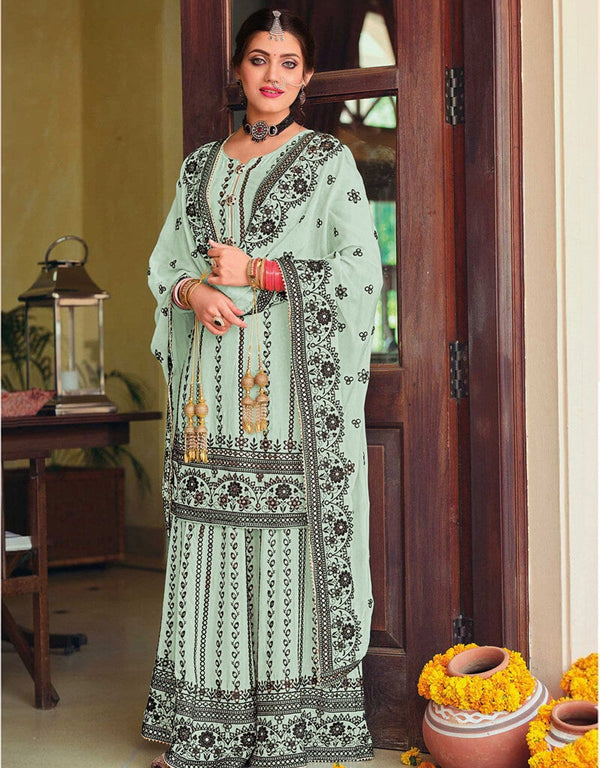 Sky Blue Palazzo style Salwar Suit Faux Georgette Salwar Kameez in Embroidery, Foil Paper & Lace Work