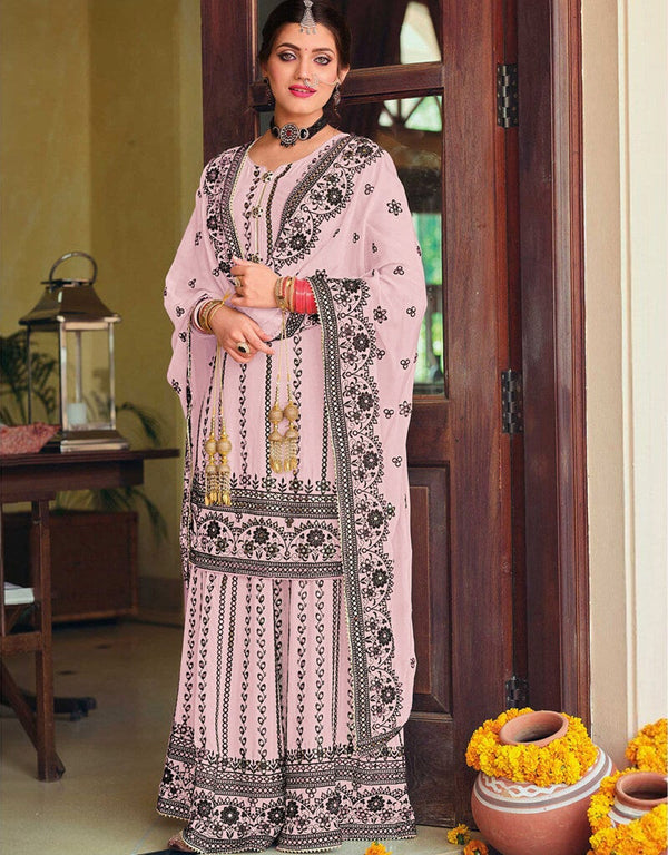 Baby Pink Palazzo style Salwar Suit Faux Georgette Salwar Kameez in Embroidery, Foil Paper & Lace Work