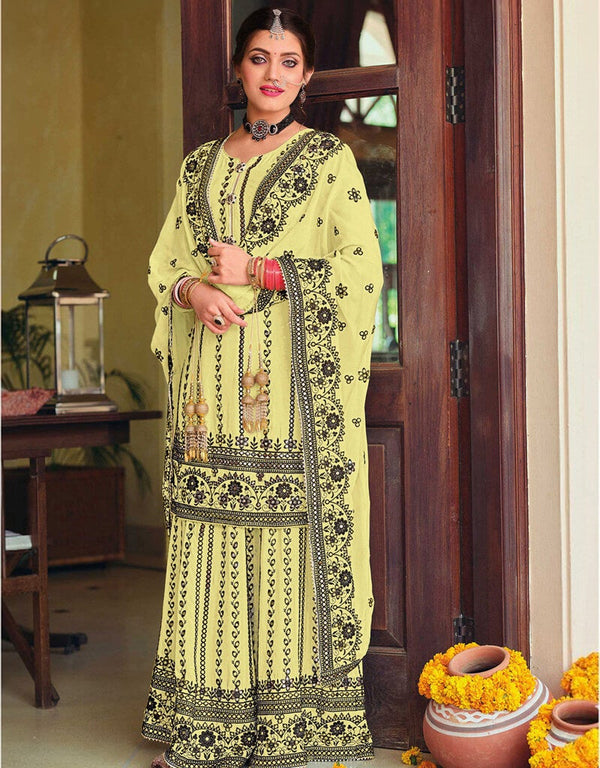 Light Yellow Palazzo style Salwar Suit Faux Georgette Salwar Kameez in Embroidery, Foil Paper & Lace Work