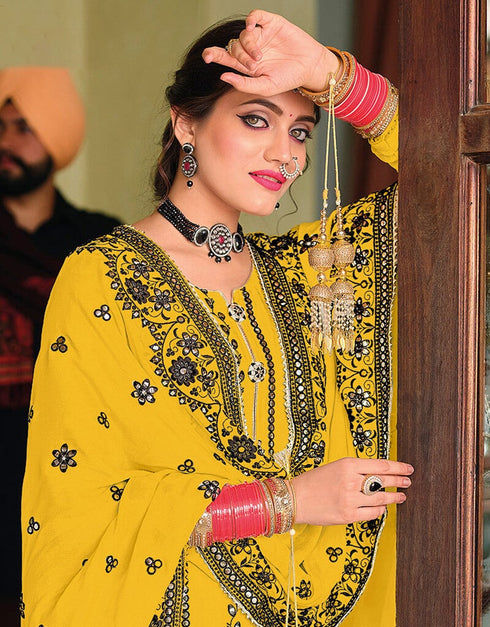 Yellow Palazzo style Salwar Suit Faux Georgette Salwar Kameez in Embroidery, Foil Paper & Lace Work Closure View