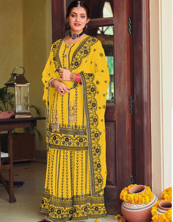 Yellow Palazzo style Salwar Suit Faux Georgette Salwar Kameez in Embroidery, Foil Paper & Lace Work