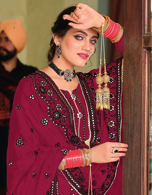 Dark Wine Palazzo style Salwar Suit Faux Georgette Salwar Kameez in Embroidery, Foil Paper & Lace Work Closure View