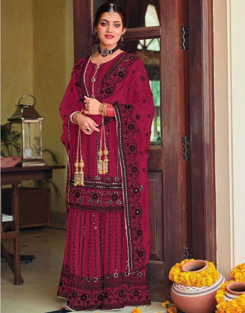 Dark Wine Palazzo style Salwar Suit Faux Georgette Salwar Kameez in Embroidery, Foil Paper & Lace Work