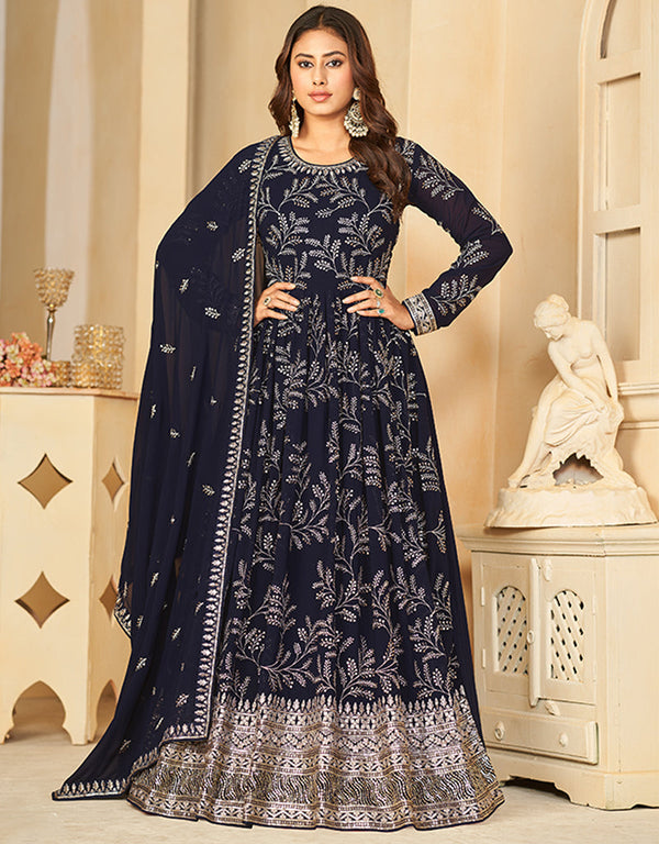 faux georgette heavy designer wedding wear gown with dupatta gown with embroidery work and black dupatta df-27-10274 Front View