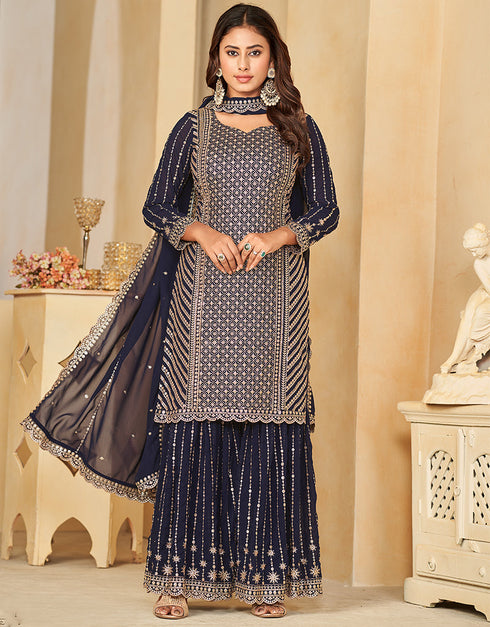 contemporary dark blue faux georgette heavy designer wedding wear salwar suit with dark blue faux georgette df-28-10283 Close-up View