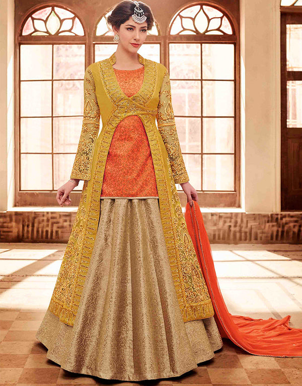 Heavy Designer Wedding Wear Salwar Suit Sunrise Orange Silk Lehenga Choli Front View