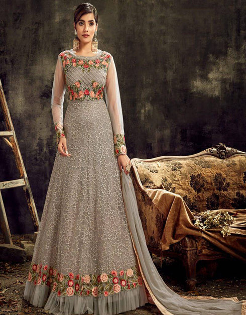 Butterfly Net Grey Salwar Kameez Suit Anarkali Bottom