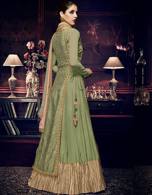 Heavy Designer Wedding Wear Salwar Suit Granite Green Georgette Pant Anarkali Close-up View