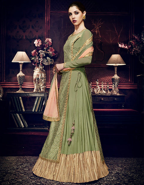 Heavy Designer Wedding Wear Salwar Suit Granite Green Georgette Pant Anarkali Front View