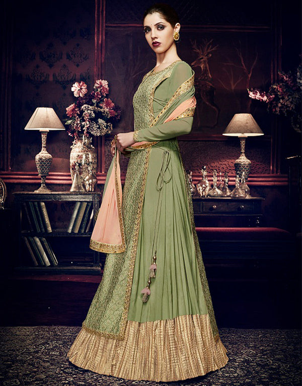 Heavy Designer Wedding Wear Salwar Suit Granite Green Georgette Pant Anarkali Front View