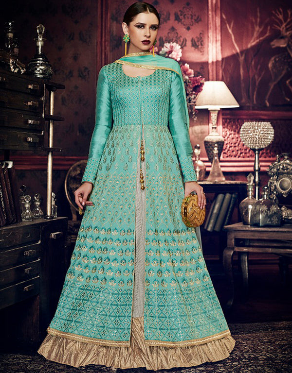Heavy Designer Wedding Wear Salwar Suit Sea Turtle Green Handloom Silk Pant Anarkali Front View