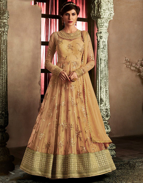 Heavy Designer Wedding Wear Salwar Suit Brown Sugar Net Pant Anarkali Front View