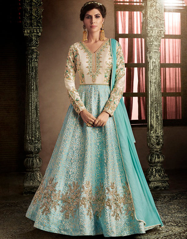 Heavy Designer Wedding Wear Salwar Suit Sky Blue Silk Pant Anarkali Front View