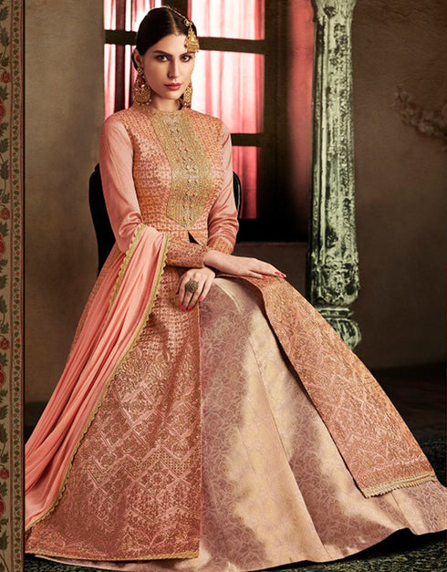 Heavy Designer Wedding Wear Salwar Suit Dark Salmon Silk Pant Anarkali Front View