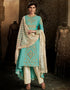 Heavy Designer Wedding Wear Salwar Suit Fountain Blue Silk Pant Straight Front View