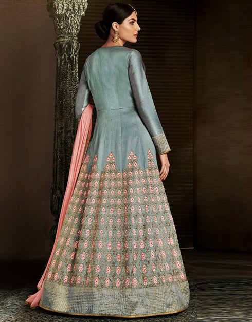 Heavy Designer Wedding Wear Salwar Suit Oslo Grey Silk Pant Anarkali Close-up View