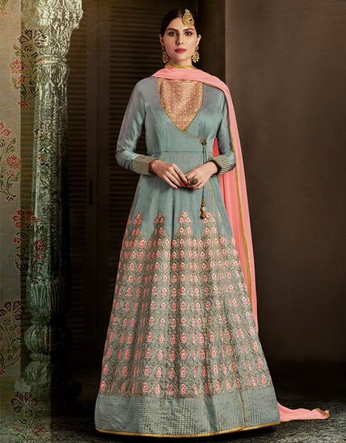 Heavy Designer Wedding Wear Salwar Suit Oslo Grey Silk Pant Anarkali Front View