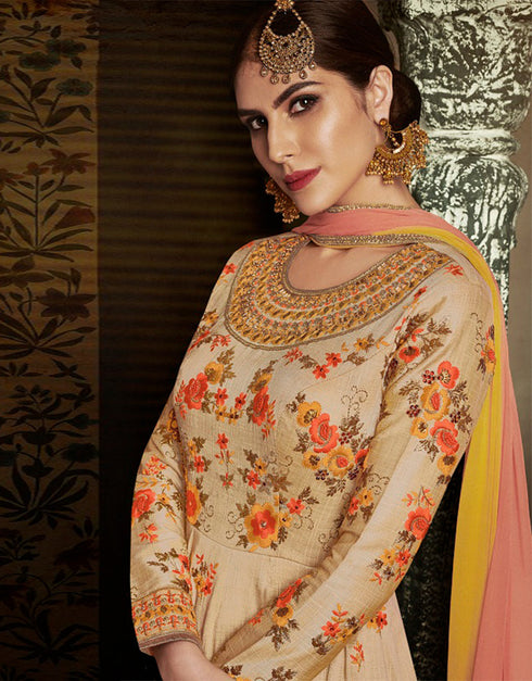 Heavy Designer Wedding Wear Salwar Suit Sorrell Brown Handloom Pant Anarkali Close-up View