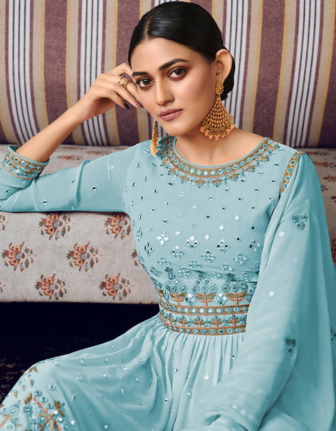 Sky Blue Sharara style Suit Semi-Stitched Suits Salwar Kameez in Embroidery, Foil Mirror & Lace Work Closure View