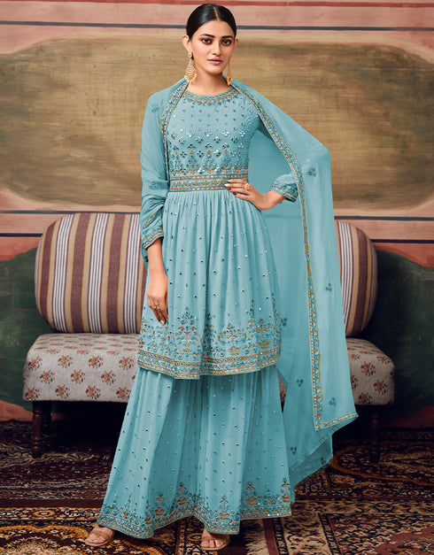 Sky Blue Sharara style Suit Semi-Stitched Suits Salwar Kameez in Embroidery, Foil Mirror & Lace Work