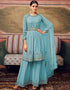 Sky Blue Sharara style Suit Semi-Stitched Suits Salwar Kameez in Embroidery, Foil Mirror & Lace Work