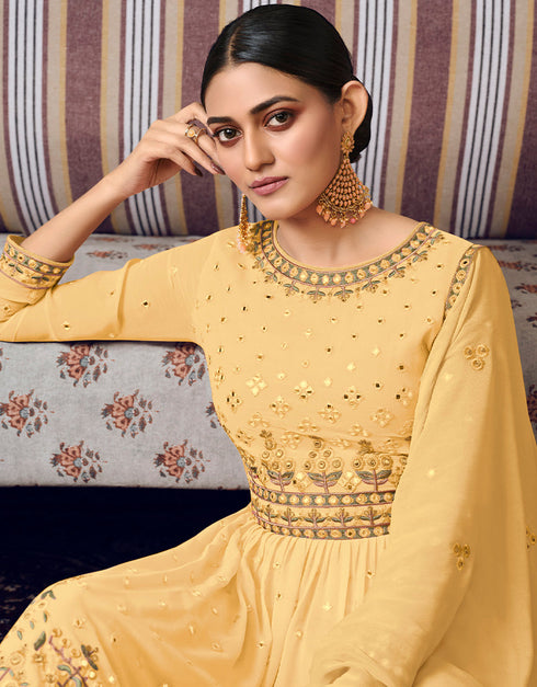 Yellow Sharara style Suit Semi-Stitched Suits Salwar Kameez in Embroidery, Foil Mirror & Lace Work Closure View