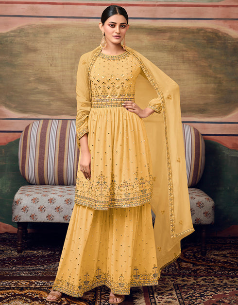 Yellow Sharara style Suit Semi-Stitched Suits Salwar Kameez in Embroidery, Foil Mirror & Lace Work