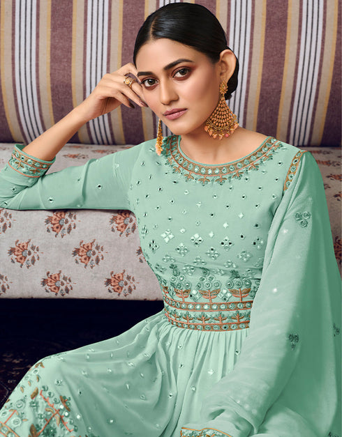 Light Green Sharara style Suit Semi-Stitched Suits Salwar Kameez in Embroidery, Foil Mirror & Lace Work Closure View