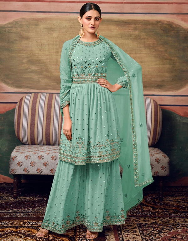 Light Green Sharara style Suit Semi-Stitched Suits Salwar Kameez in Embroidery, Foil Mirror & Lace Work