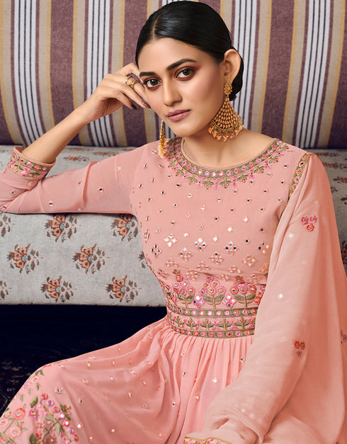 Peach Sharara style Suit Semi-Stitched Suits Salwar Kameez in Embroidery, Foil Mirror & Lace Work Closure View