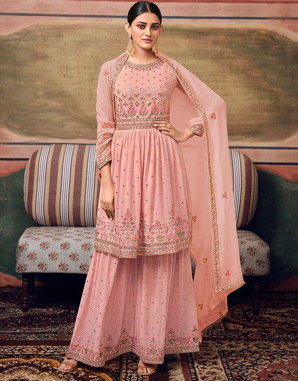 Peach Sharara style Suit Semi-Stitched Suits Salwar Kameez in Embroidery, Foil Mirror & Lace Work