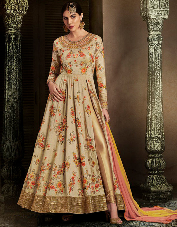 Heavy Designer Wedding Wear Salwar Suit Sorrell Brown Handloom Pant Anarkali Front View