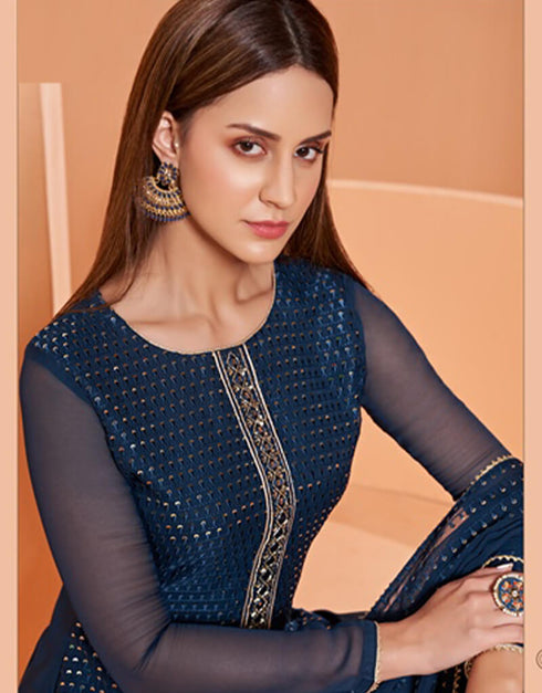 Blue Sharara style Suit Pure Georgette Salwar Kameez in Embroidery, Sequins & Lace Work Closure View