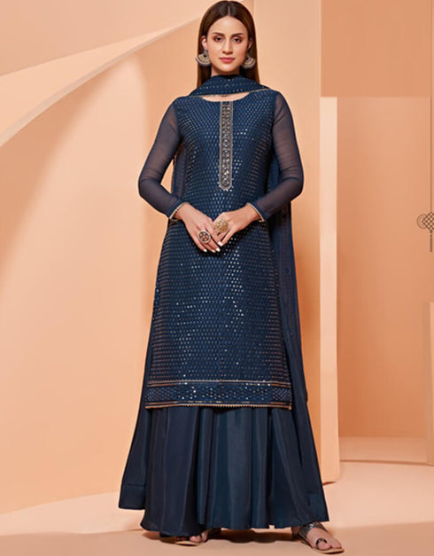 Blue Sharara style Suit Pure Georgette Salwar Kameez in Embroidery, Sequins & Lace Work