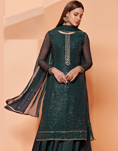 Green Sharara style Suit Pure Georgette Salwar Kameez in Embroidery, Sequins & Lace Work Closure View