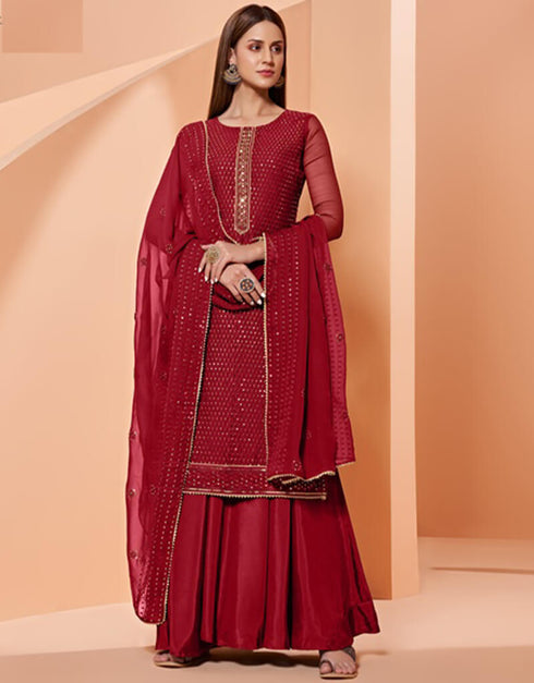 Red Sharara style Suit Pure Georgette Salwar Kameez in Embroidery, Sequins & Lace Work