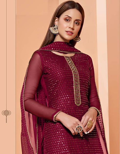 Pink Sharara style Suit Pure Georgette Salwar Kameez in Embroidery, Sequins & Lace Work Closure View