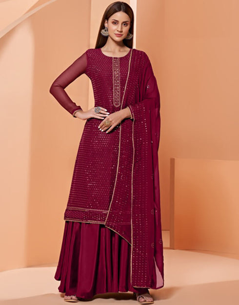 Pink Sharara style Suit Pure Georgette Salwar Kameez in Embroidery, Sequins & Lace Work