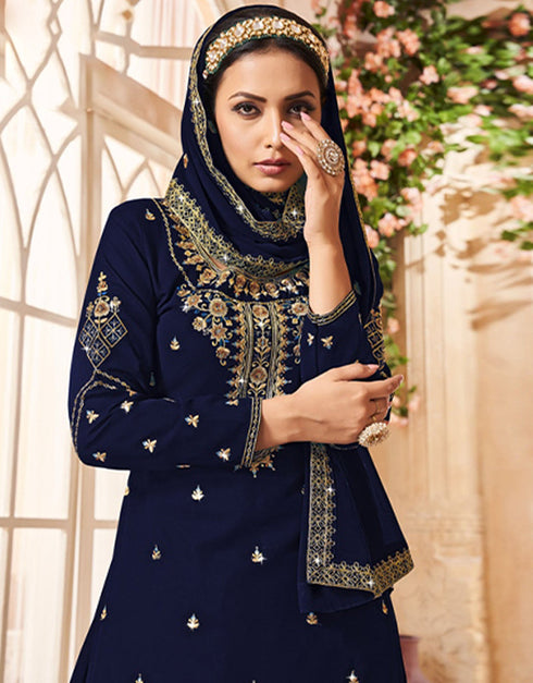 stylish dark blue georgette designer traditional wedding wear salwar suit with dark blue georgette ie-3-1121 Close-up View