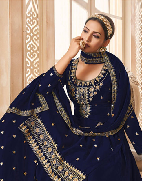 stylish dark blue georgette designer traditional wedding wear salwar suit with dark blue georgette ie-3-1121 Back View