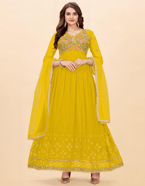 Yellow Anarkali style Anarkali Faux Georgette Salwar Kameez in Sequins Embroidery, Stone, Real Mirror & Lace Work