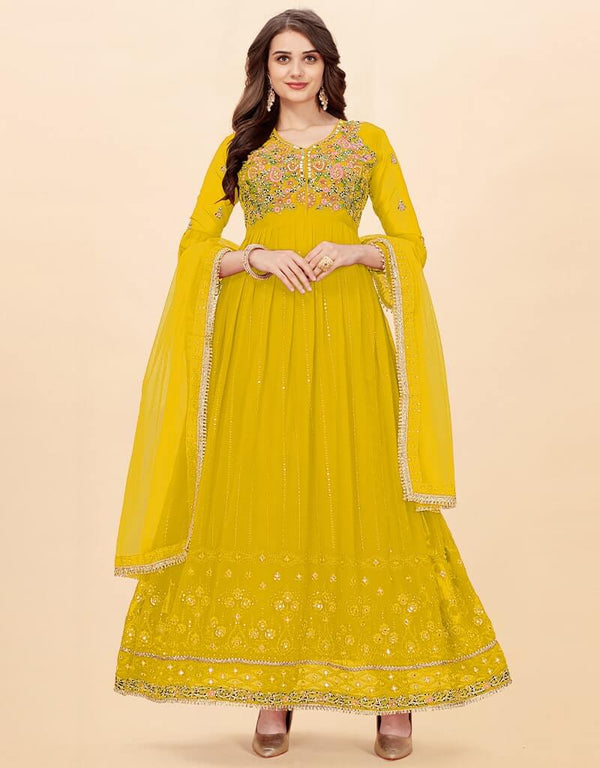 Yellow Anarkali style Anarkali Faux Georgette Salwar Kameez in Sequins Embroidery, Stone, Real Mirror & Lace Work